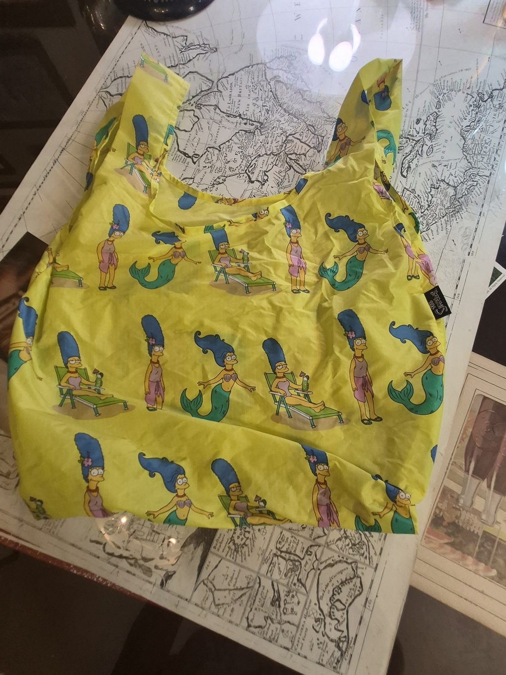 BAGGU Reusable Tote in Bright Yellow with Blue and Green Character Print